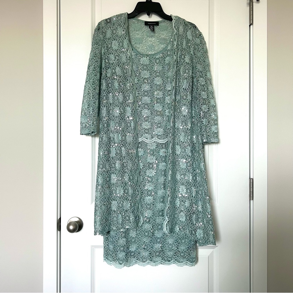 R&M Richards Lace and Sequin Two-Piece Jacket and Dress Set Mint